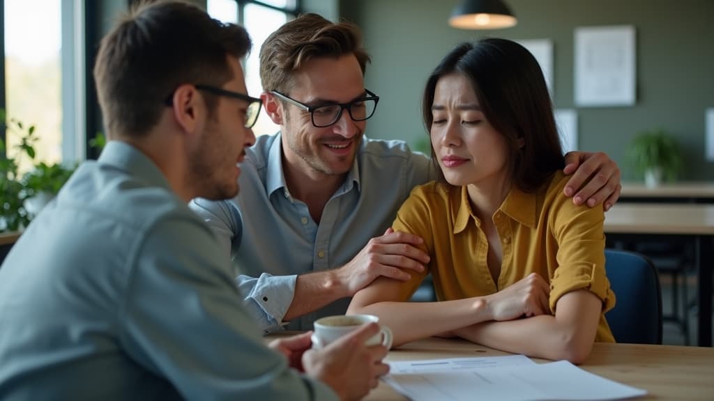 Coworkers offering empathetic support and practical help to a grieving colleague.