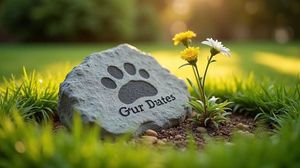 A personalized memorial stone with a paw print on a pet's grave.