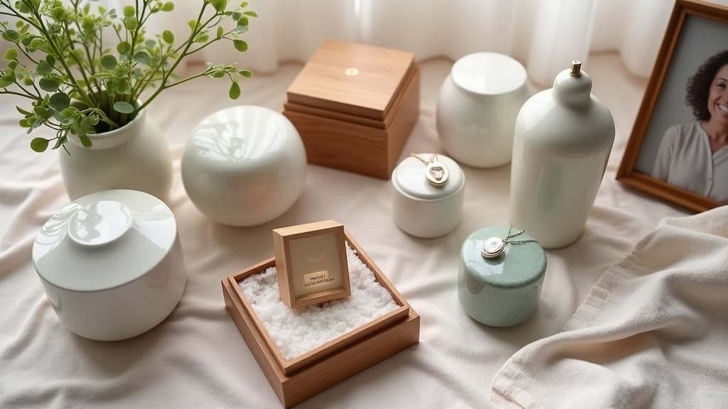 A collection of diverse cremation urns and personalized memorial items.