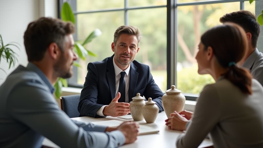 Various urn options for cremation ashes in a funeral home setting.