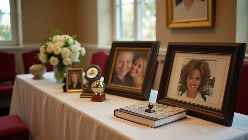 A tastefully decorated memory table at a memorial service.