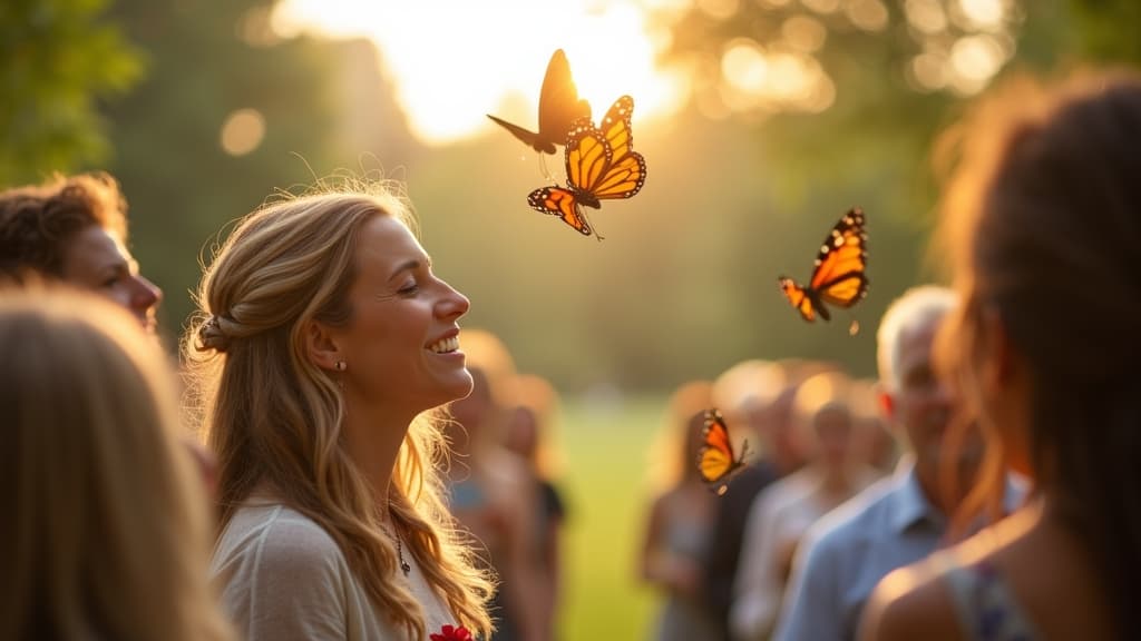 A beautiful scene of butterflies being released into a sunlit outdoor setting at the end of a memorial service.