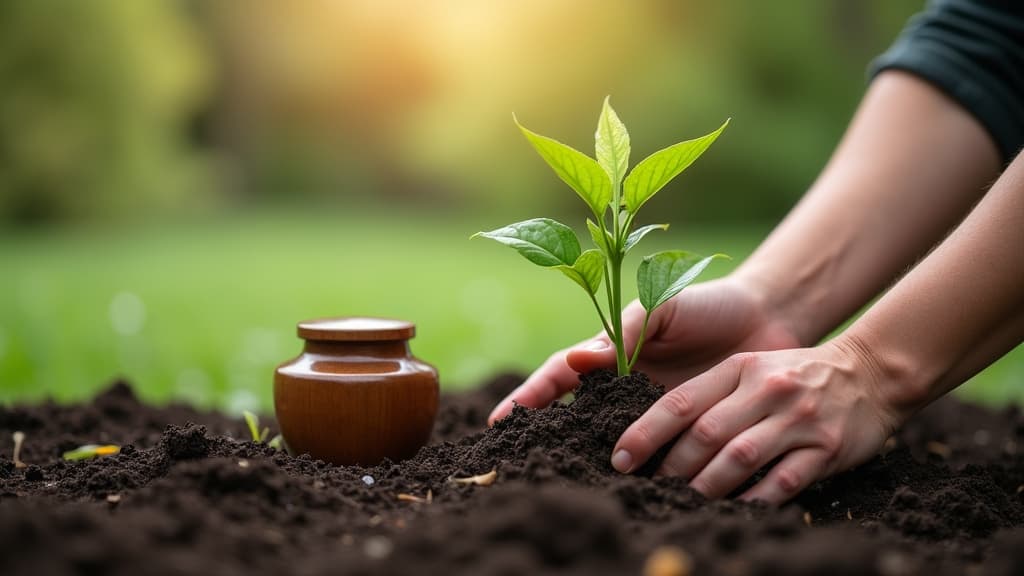 A person planting a young tree with a biodegradable urn in a serene cremation garden.