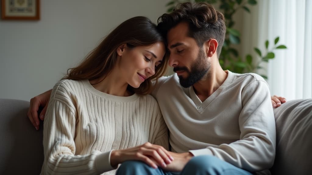 A couple comforting each other and communicating about their shared grief after a miscarriage.