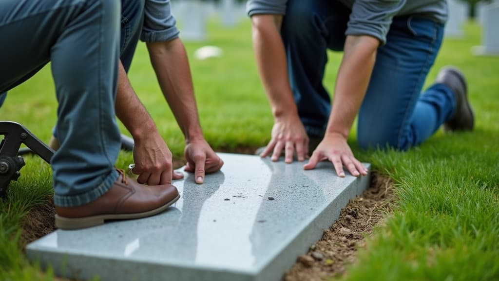 Professional cemetery staff carefully installing a flat grave marker.