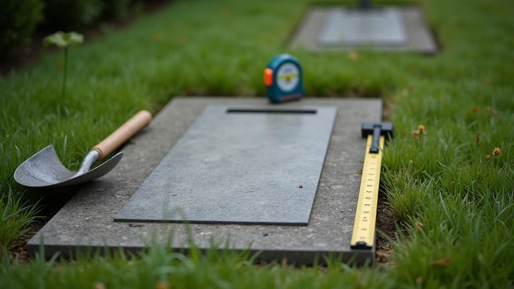 Tools laid out next to a flat grave marker in a quiet private cemetery.