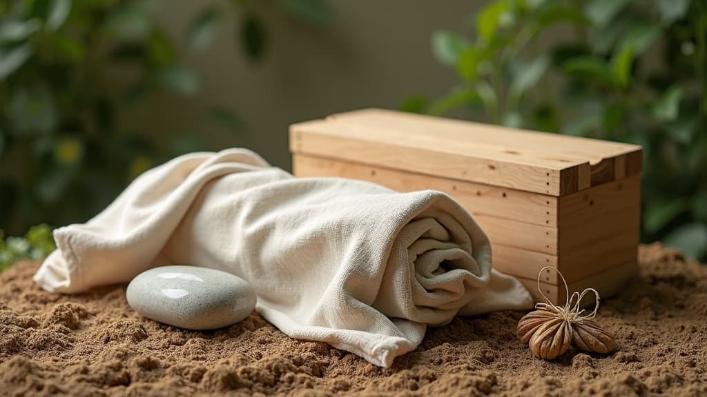 A collection of eco-friendly burial components, including a biodegradable casket, a natural shroud, and a simple stone.