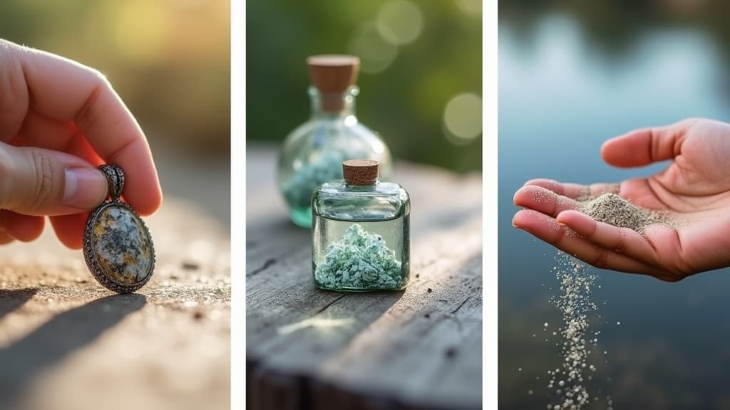 Memorial jewelry, abstract art, and scattering, representing unique tributes.