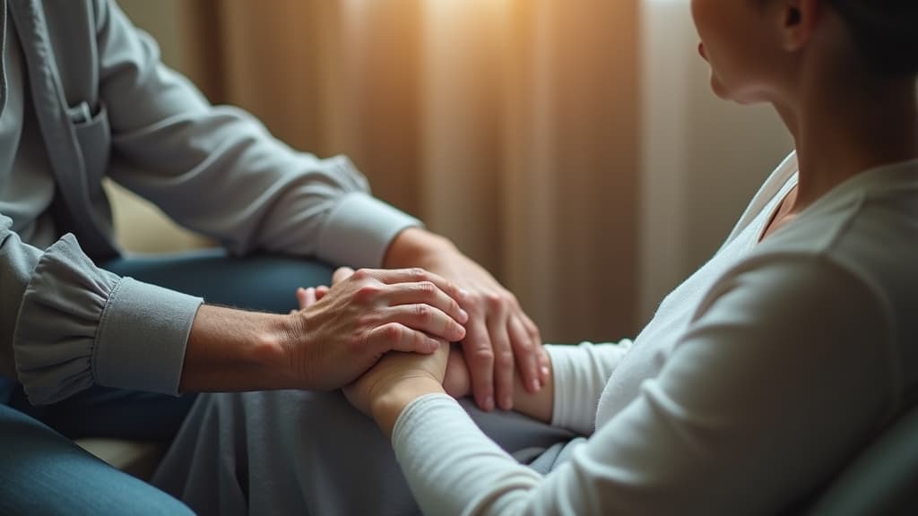 A person gently holding the hand of a terminally ill loved one.