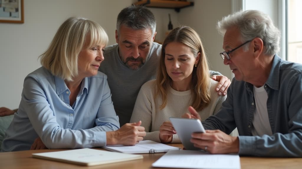 Family members collaboratively discussing and planning practical end-of-life decisions for a dying loved one.