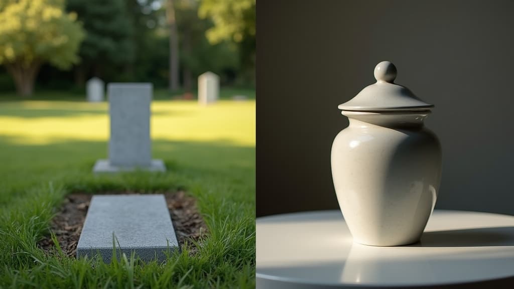 A traditional burial headstone on one side and a dignified cremation urn on the other.