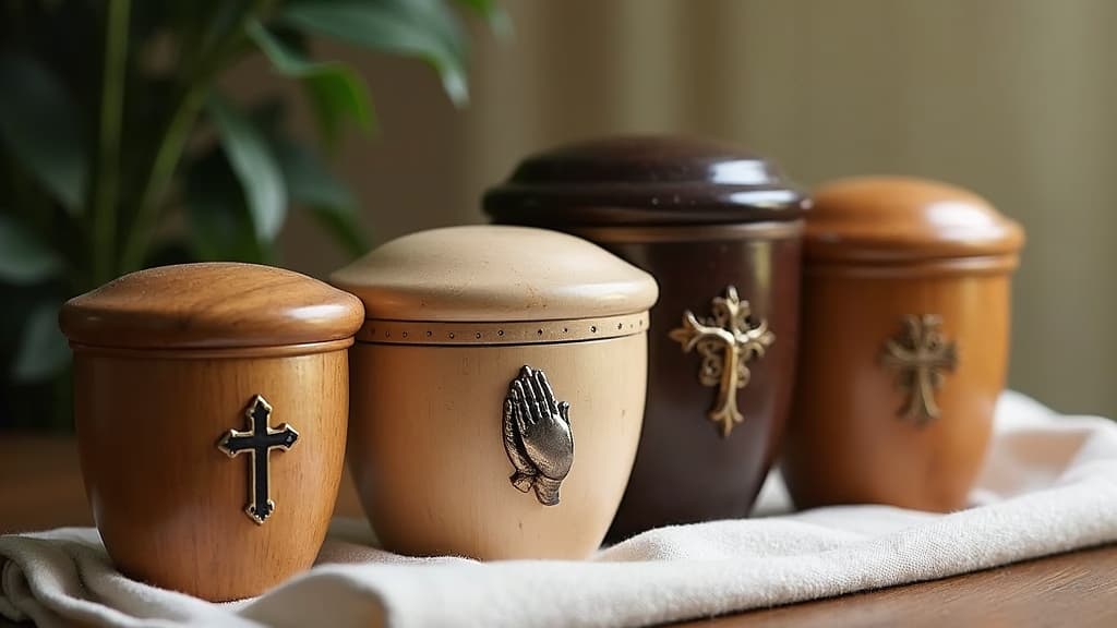 A collection of elegant Christian cremation urns featuring religious symbols like crosses and doves.