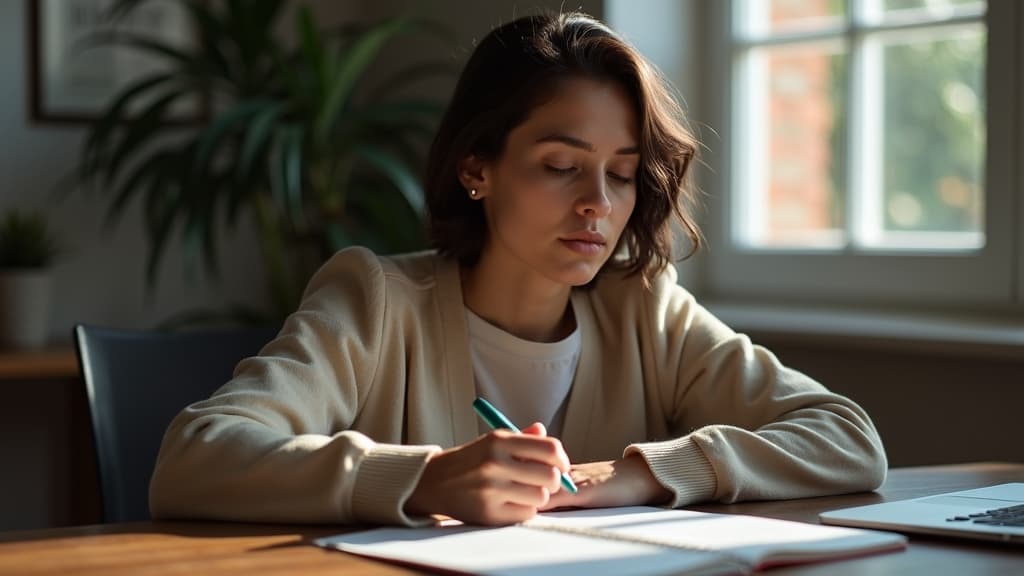 A person thoughtfully preparing a eulogy or speech with a pen and notebook.