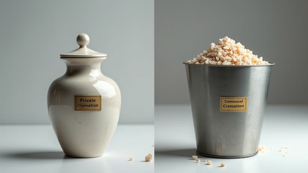 A container of pure ashes for private pet cremation and a container of mixed ashes for communal pet cremation.