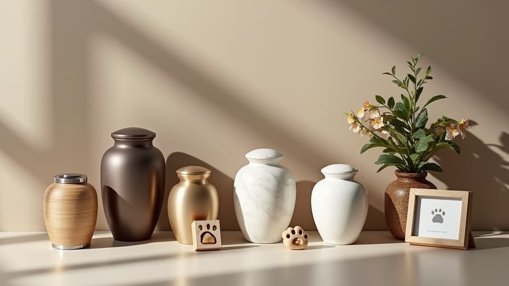 A diverse collection of pet urns in various materials and small memorial products.