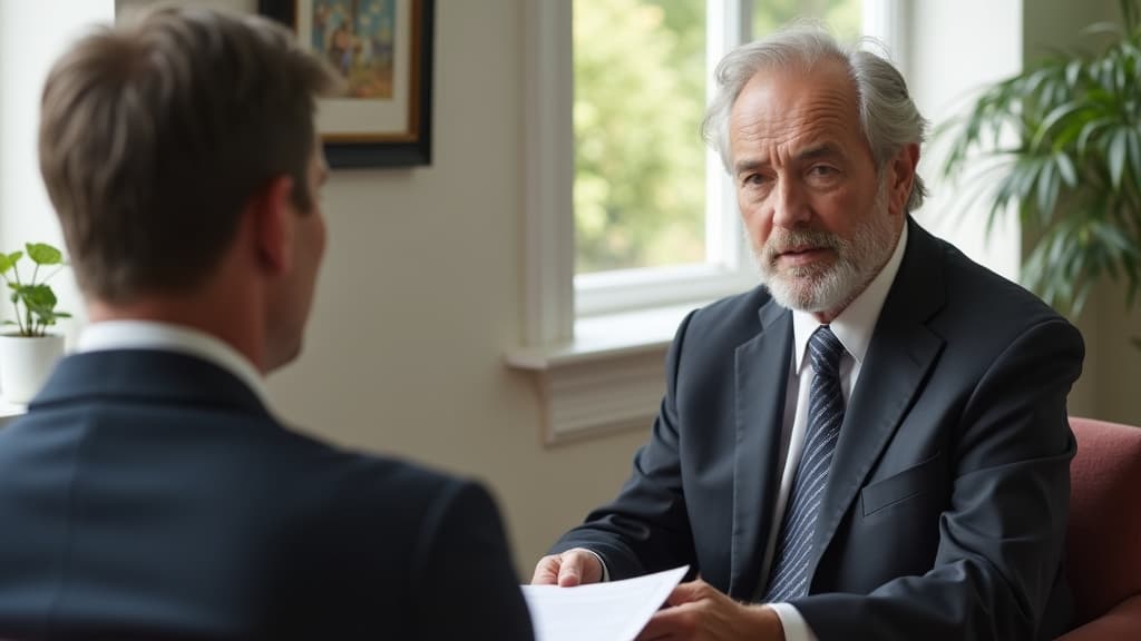 A funeral director compassionately guiding and consulting with a grieving person in a respectful office setting.