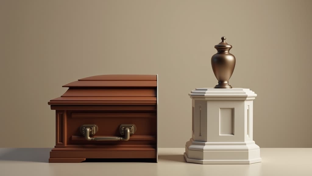 A visual choice between a traditional wooden casket and an elegant cremation urn.
