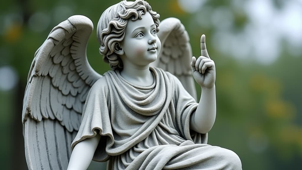 A classical angel sculpture on a headstone, gracefully pointing towards heaven.