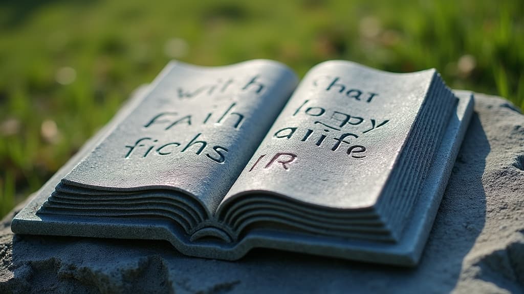 A close-up carving of an open book on a gravestone.
