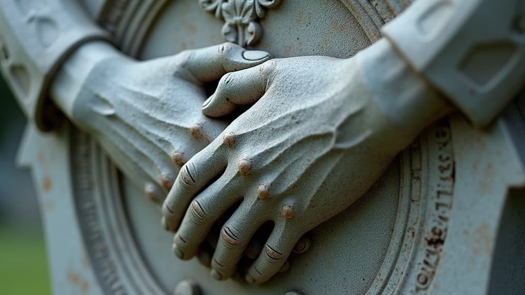 A close-up carving of two hands clasped together on a headstone.
