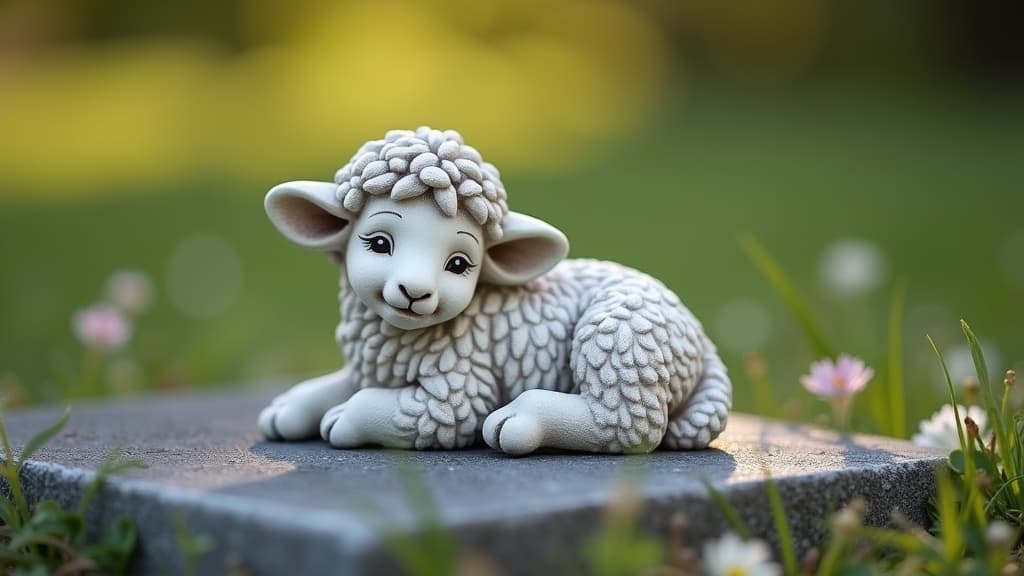 A small, sculpted lamb figure resting on a child's grave marker.