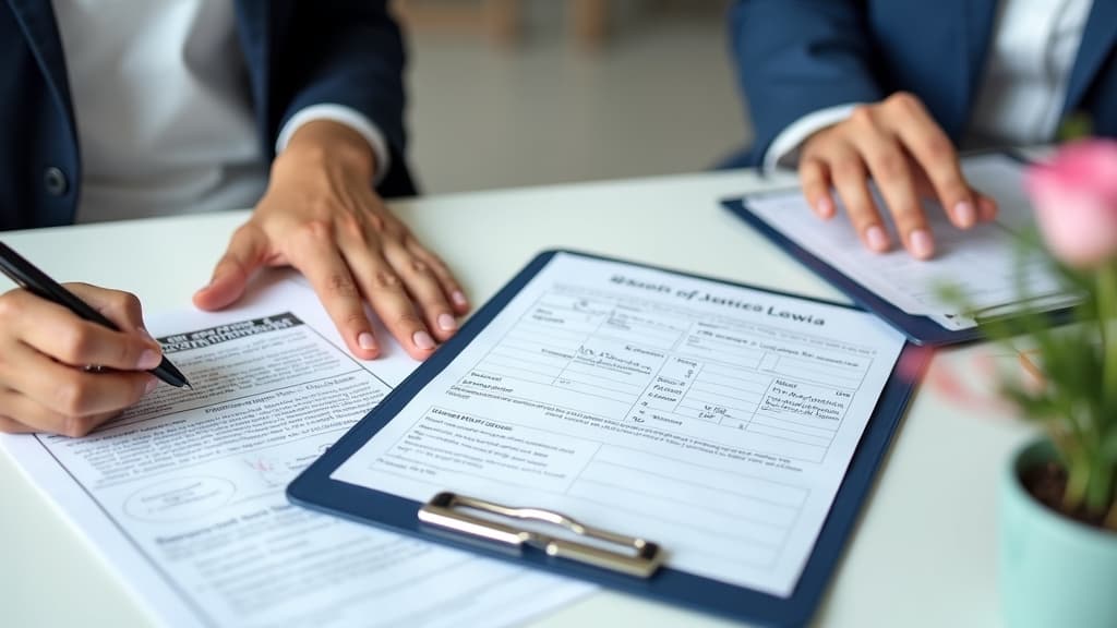 Hands reviewing cremation authorization documents and legal paperwork on a desk
