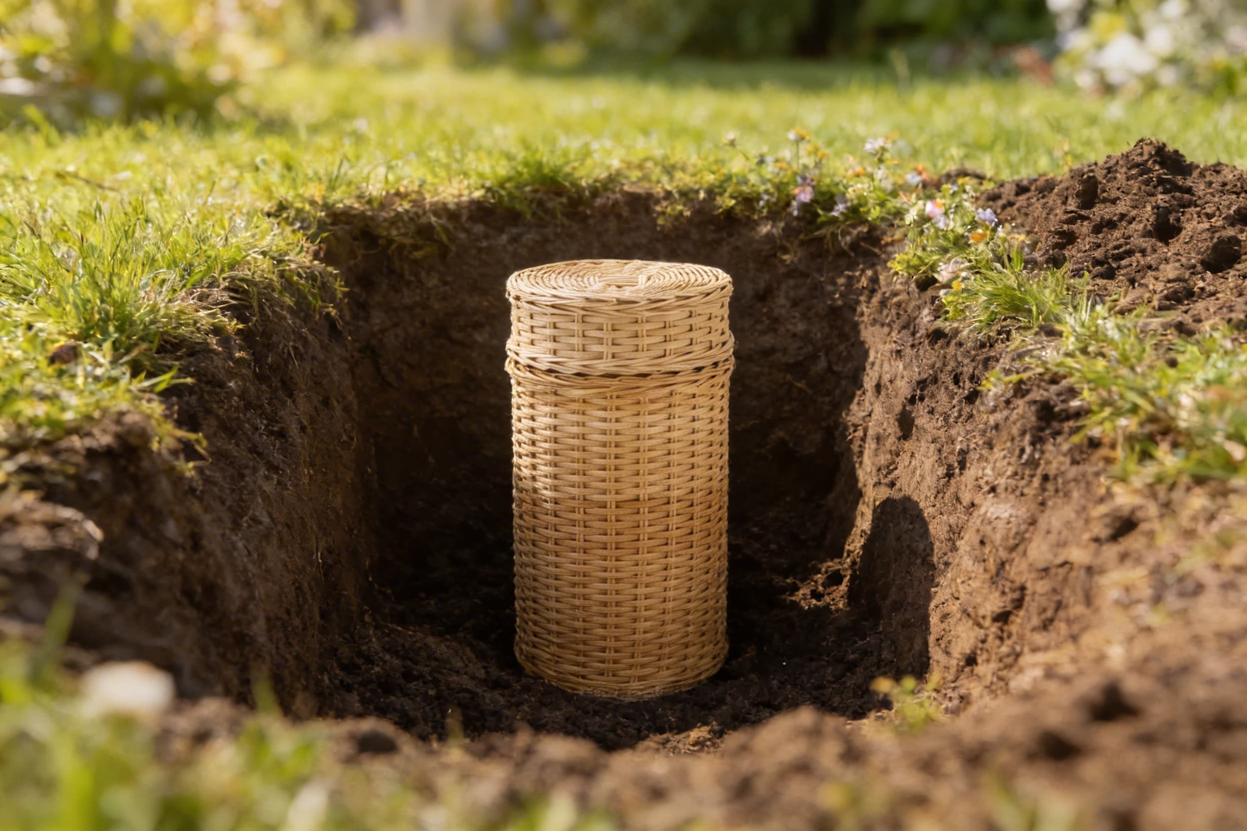 A woven bamboo biodegradable urn placed in a natural ground burial setting surrounded by soil and greenery