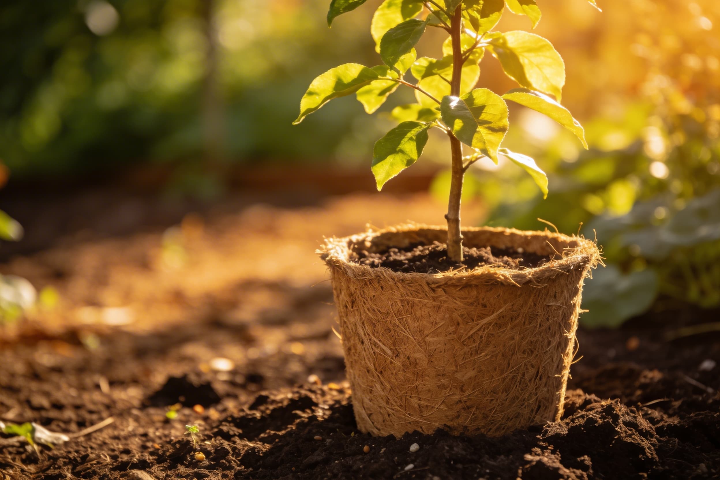 A young tree sapling growing from a biodegradable tree urn planter as a living memorial