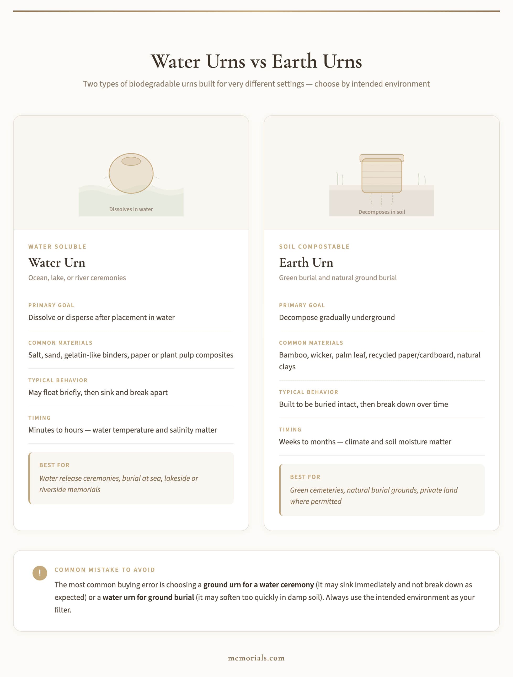 Infographic comparing biodegradable water urns versus earth burial urns across materials, behavior, timing, and best uses