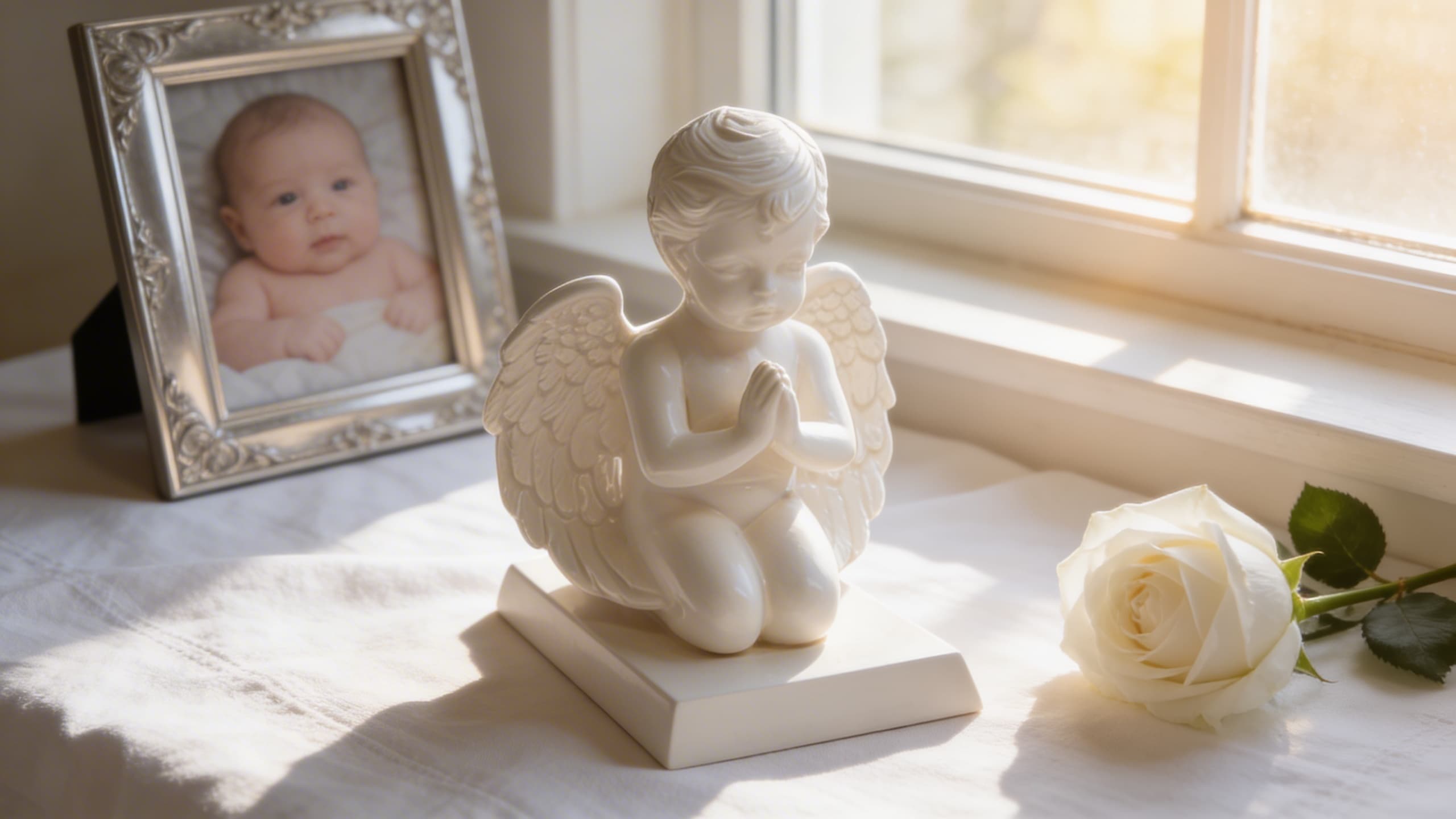 A small white ceramic angel cremation urn displayed on a soft cloth beside a framed baby photo and a single white rose in a sunlit room