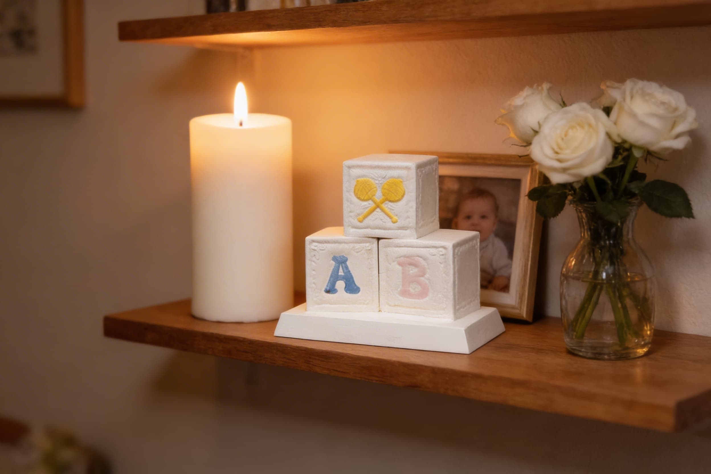 A white baby blocks cremation urn with pastel letter and rattle designs displayed on a wooden shelf alongside a lit candle, framed baby photo, and white roses