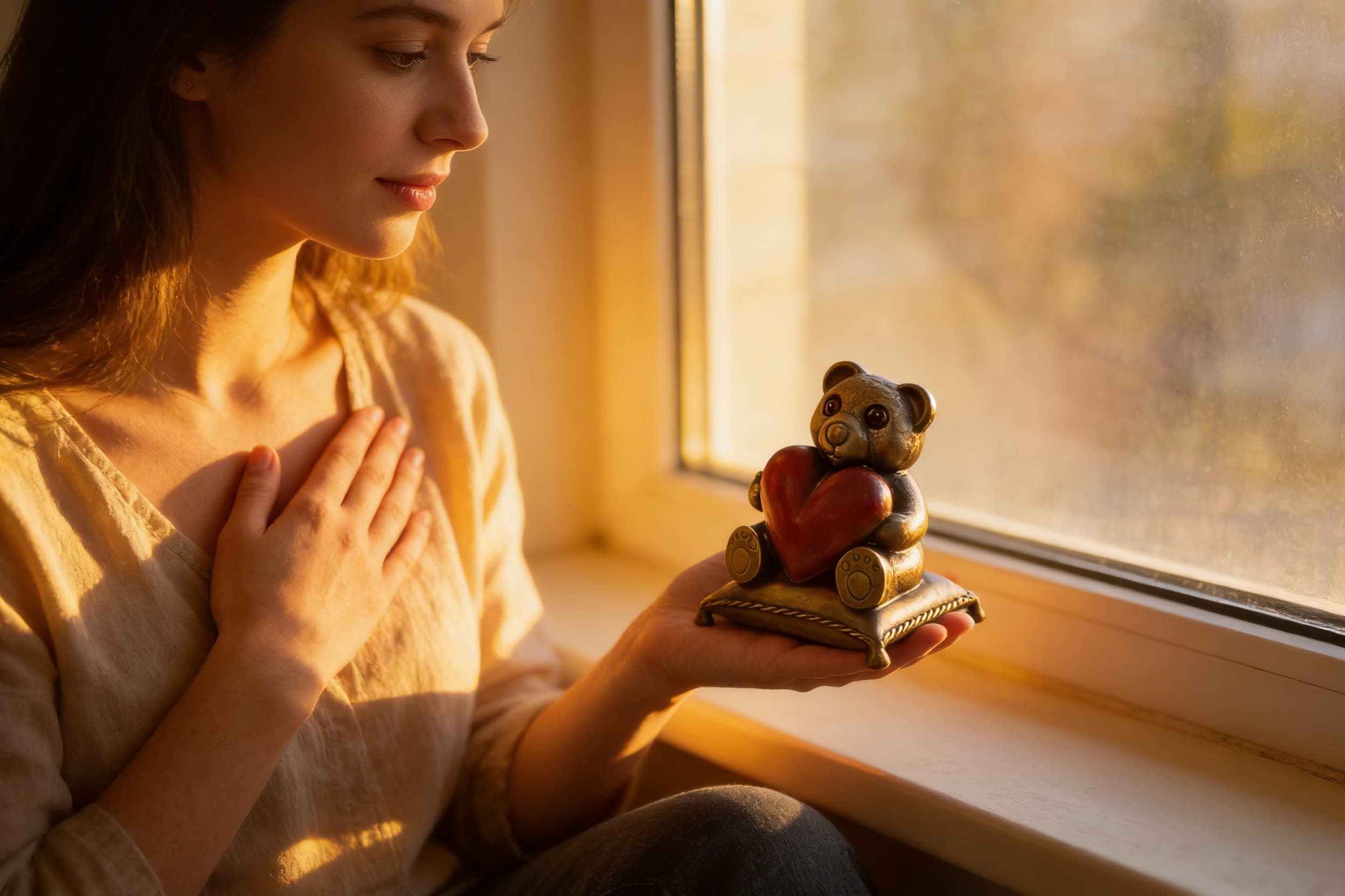 young mother holding a small teddy bear cremation urn close to her heart while sitting by a window in warm golden light