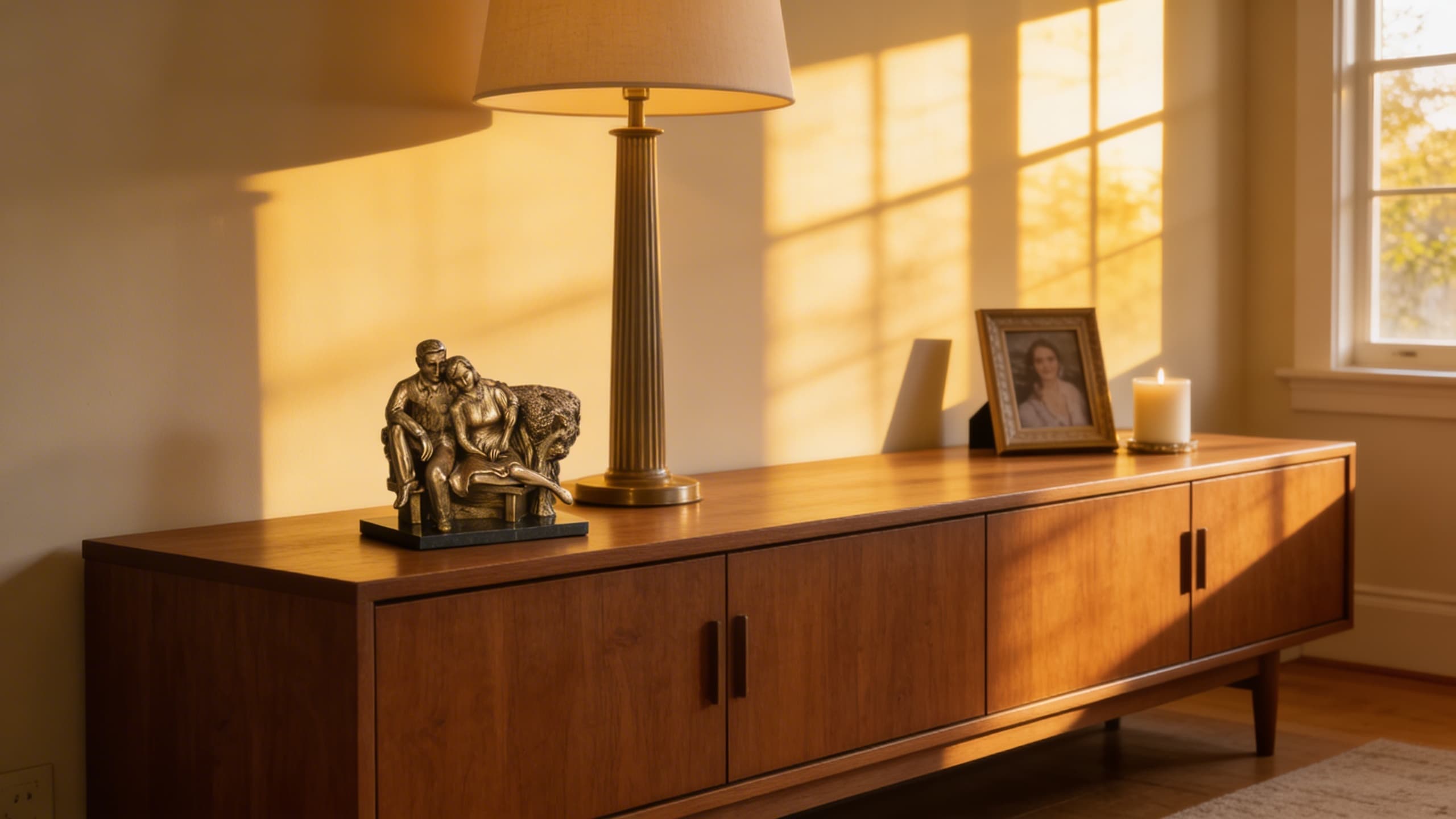 A bronze companion cremation urn sculpted as a couple embracing, displayed on a walnut credenza alongside a table lamp, framed photo, and candle in warm afternoon light