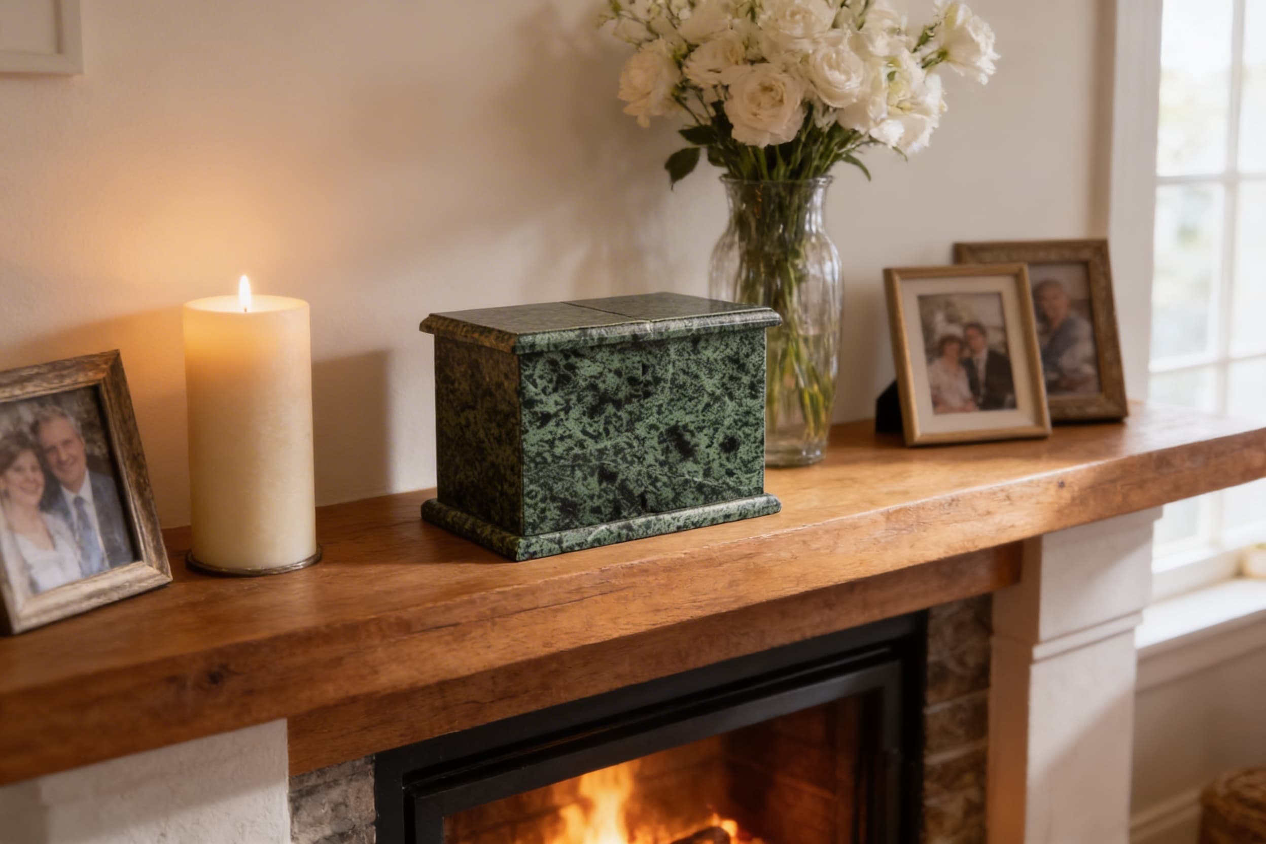 A green marble companion cremation urn displayed on a wooden fireplace mantel surrounded by framed couple photos, a pillar candle, and a vase of white roses