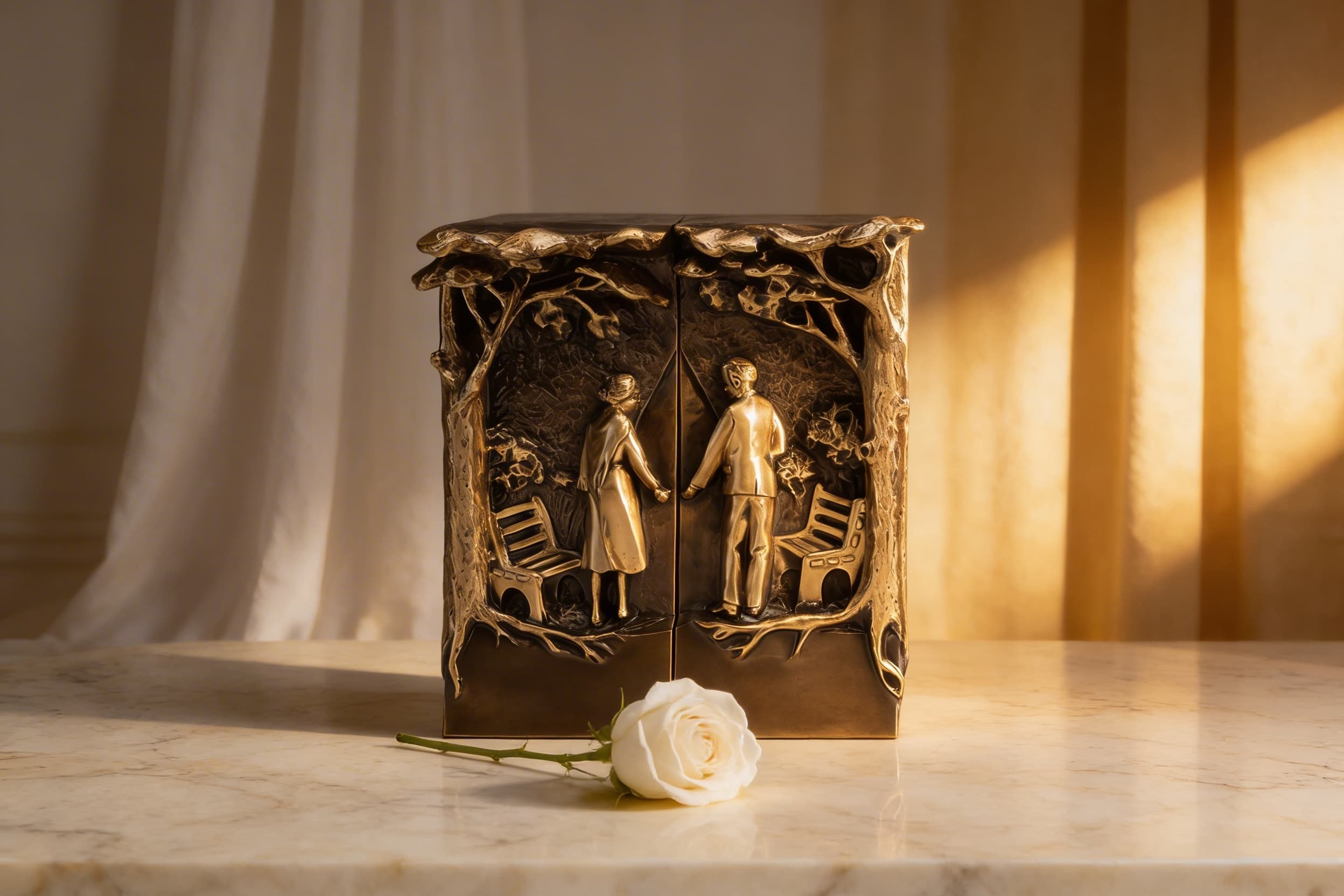 A bronze companion cremation urn featuring a relief sculpture of a couple holding hands beneath tree branches, displayed on a marble surface with a single white rose