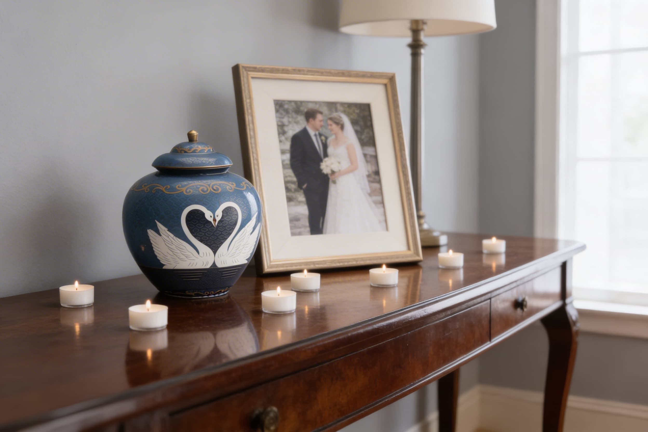 A deep blue ceramic companion cremation urn with a white swan heart design displayed on a dark wood console table beside a framed wedding photo and tealight candles