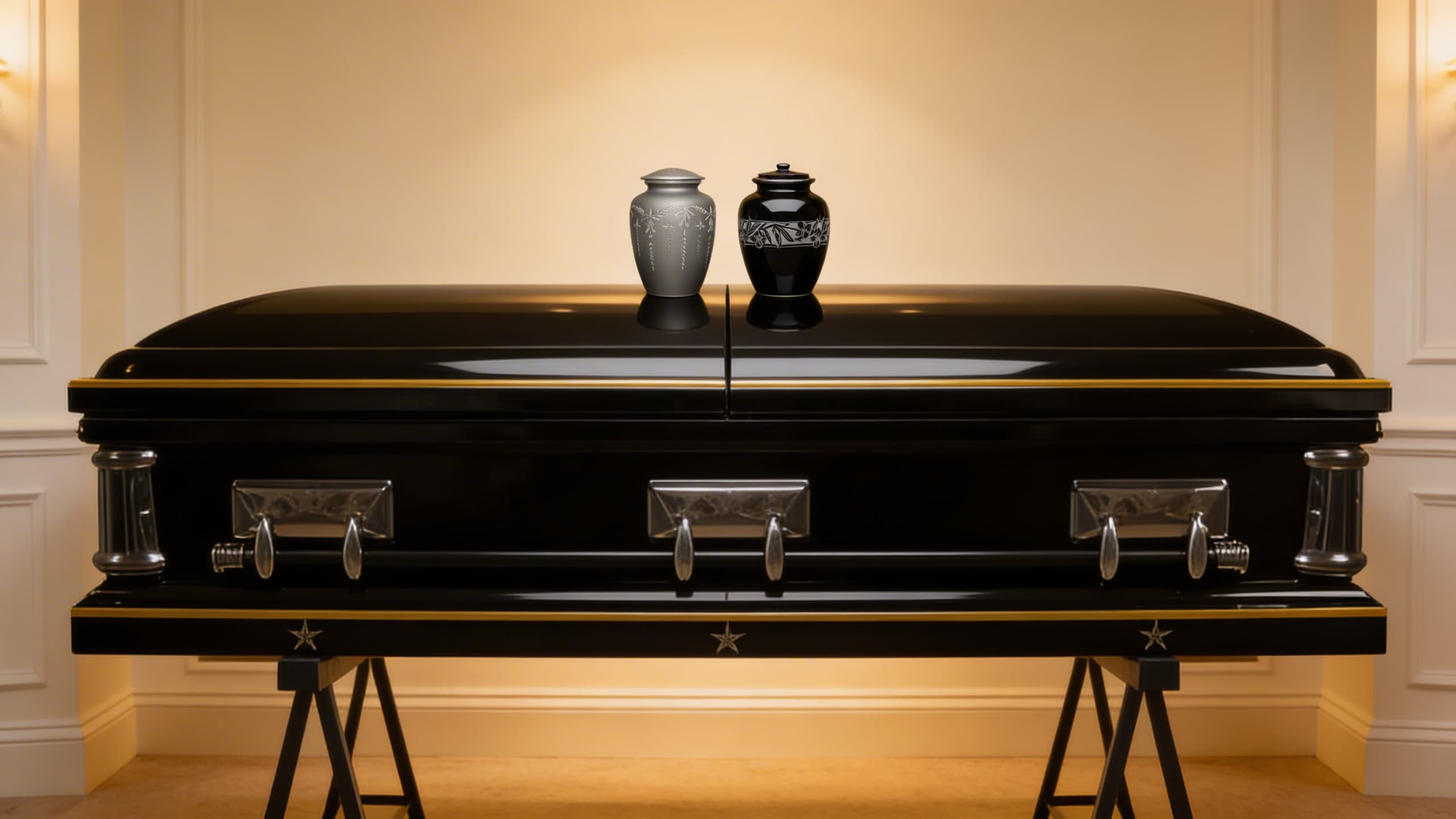 Two cremation urns displayed on top of a black and gold casket in a funeral home, illustrating the choice between cremation and burial