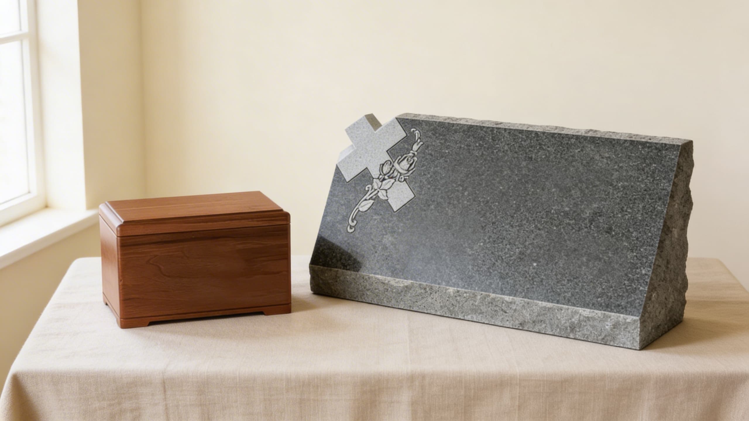 A wooden cremation urn displayed beside a granite headstone with an engraved cross and rose design, representing the two main disposition options