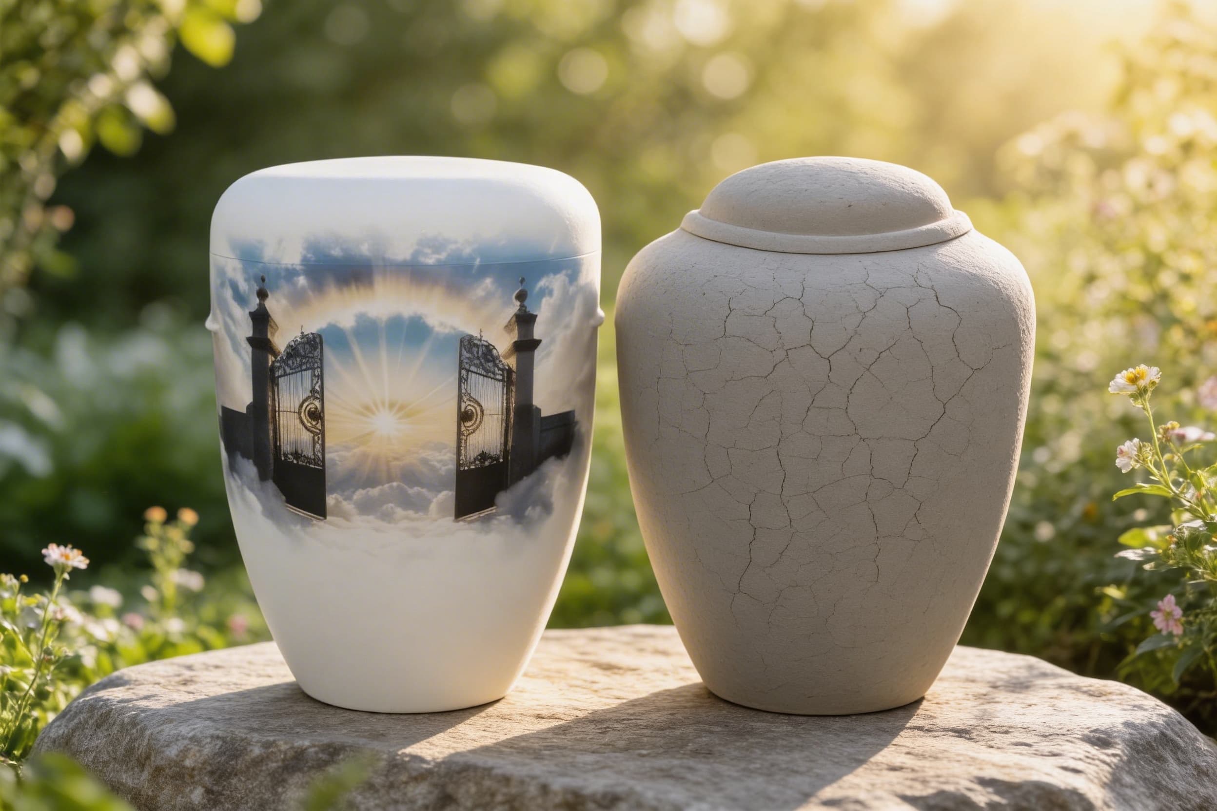 A decorative cremation urn with a heavenly gates design displayed beside a natural clay biodegradable urn in an outdoor garden setting, representing traditional and eco-friendly cremation options