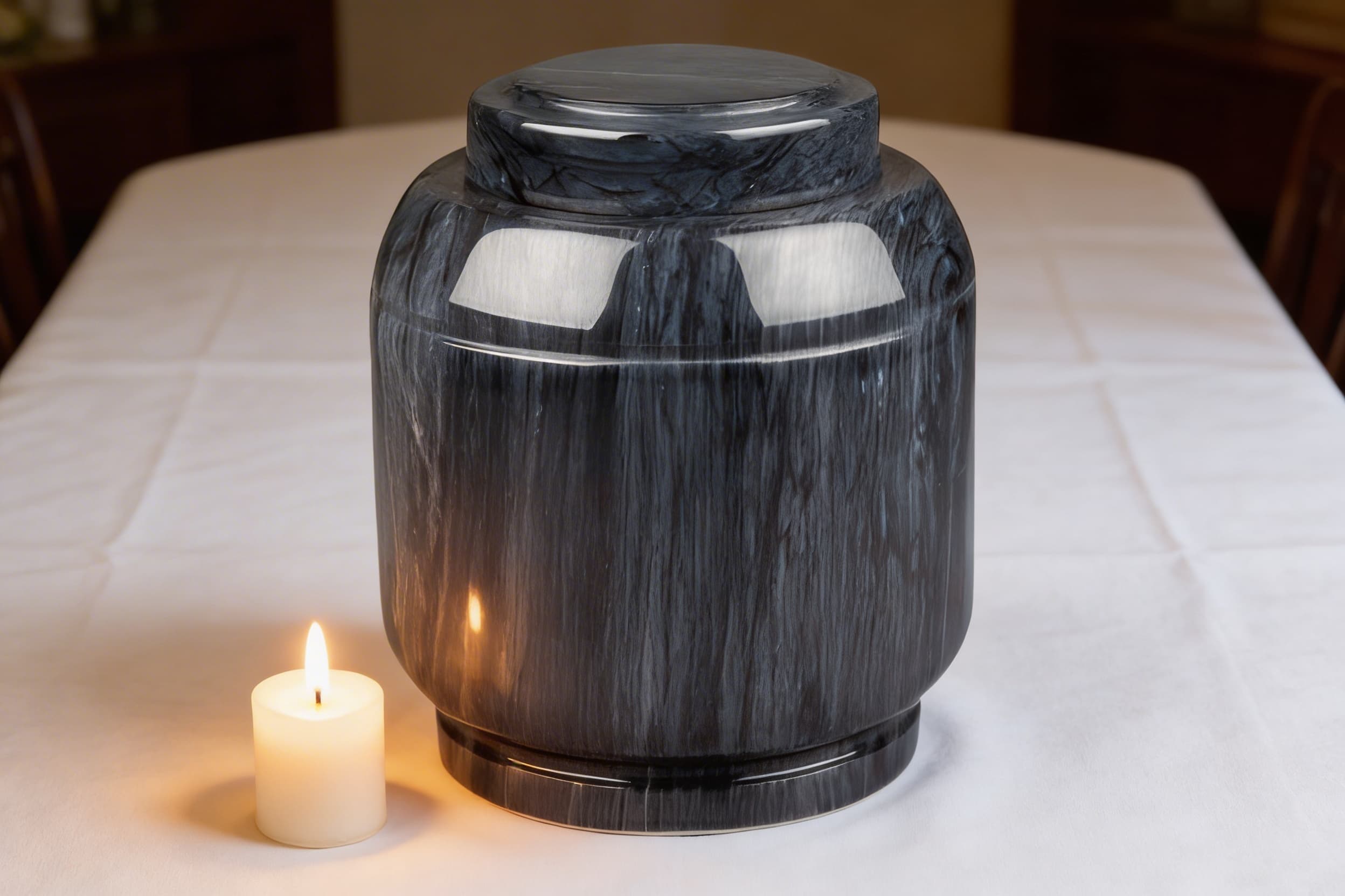 A polished dark marble cremation urn displayed on a white cloth beside a small lit candle in a quiet, reverent setting