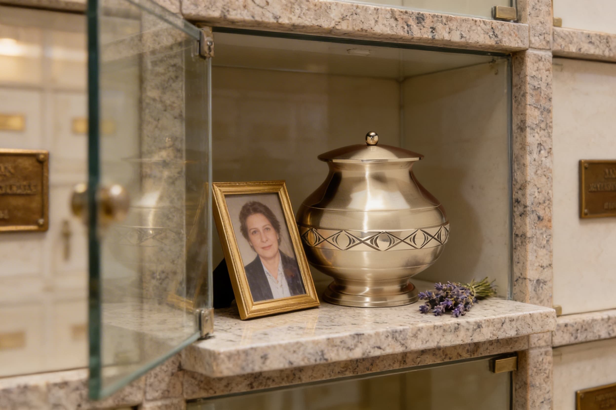 A close-up of a glass-front columbarium niche displaying a brass cremation urn with a small framed photograph and dried flowers beside it