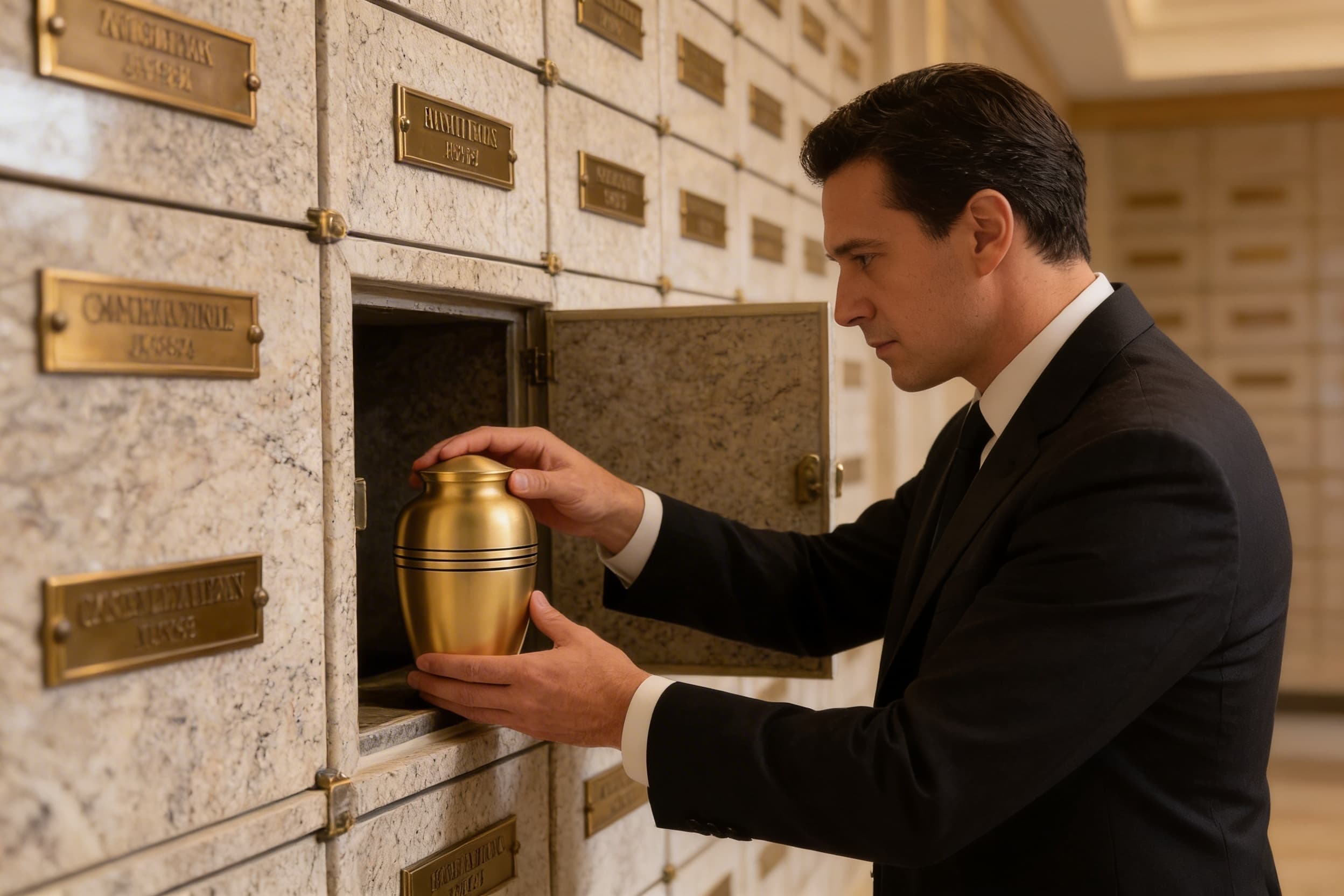 A funeral director in a dark suit carefully placing a polished brass cremation urn into an open granite columbarium niche