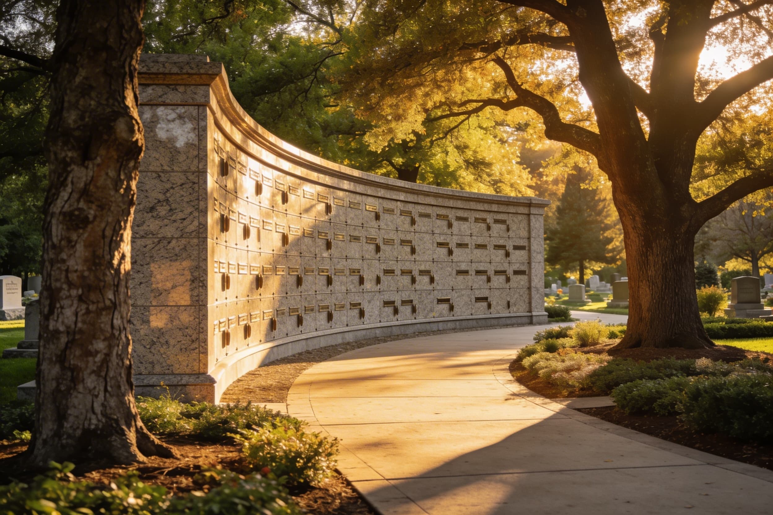 An outdoor columbarium garden at a cemetery with granite niche walls surrounded by mature trees and landscaped walking paths, soft afternoon light