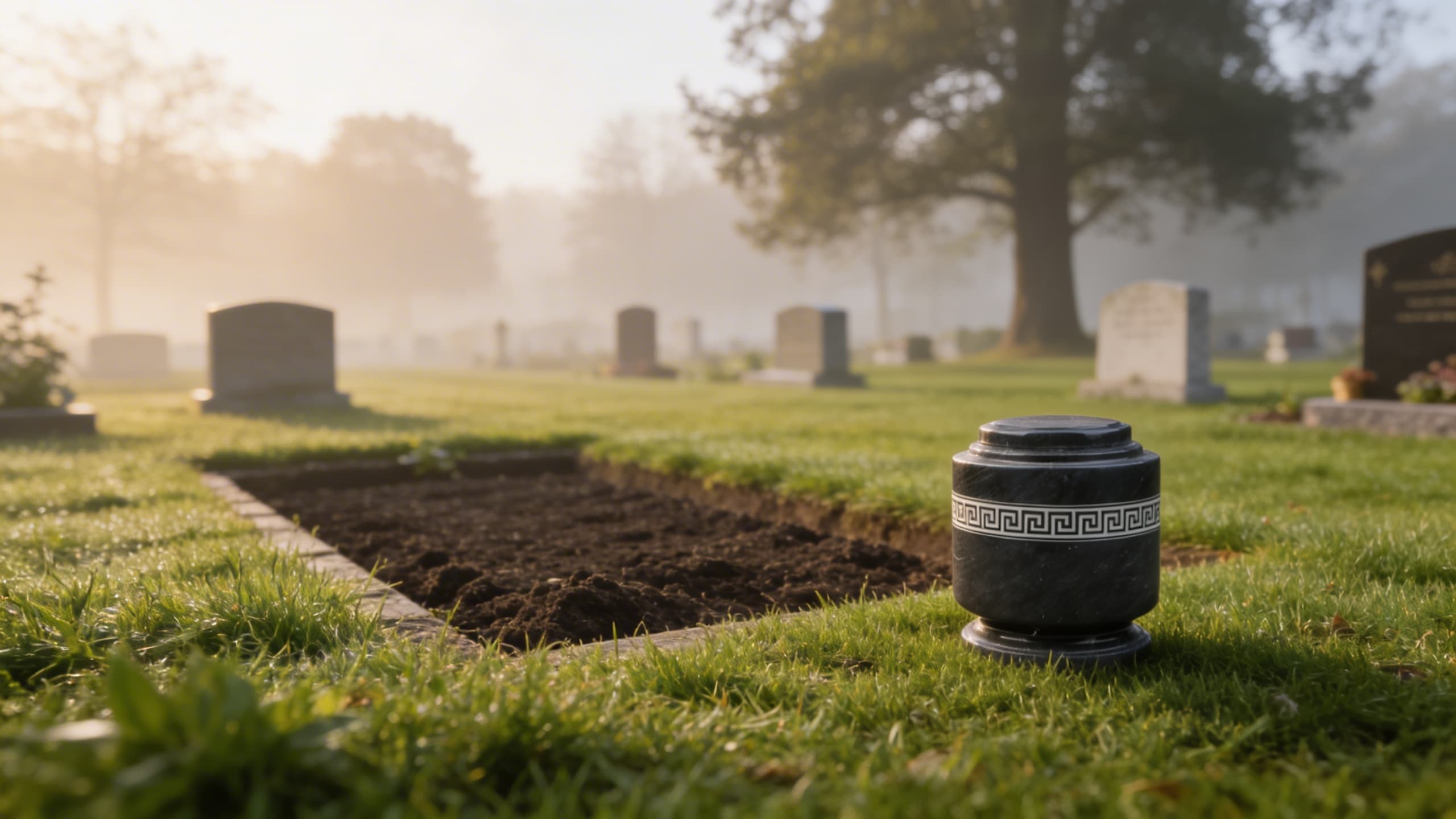 A cultured marble cremation urn placed beside a burial plot in a green, well-maintained cemetery on a calm morning