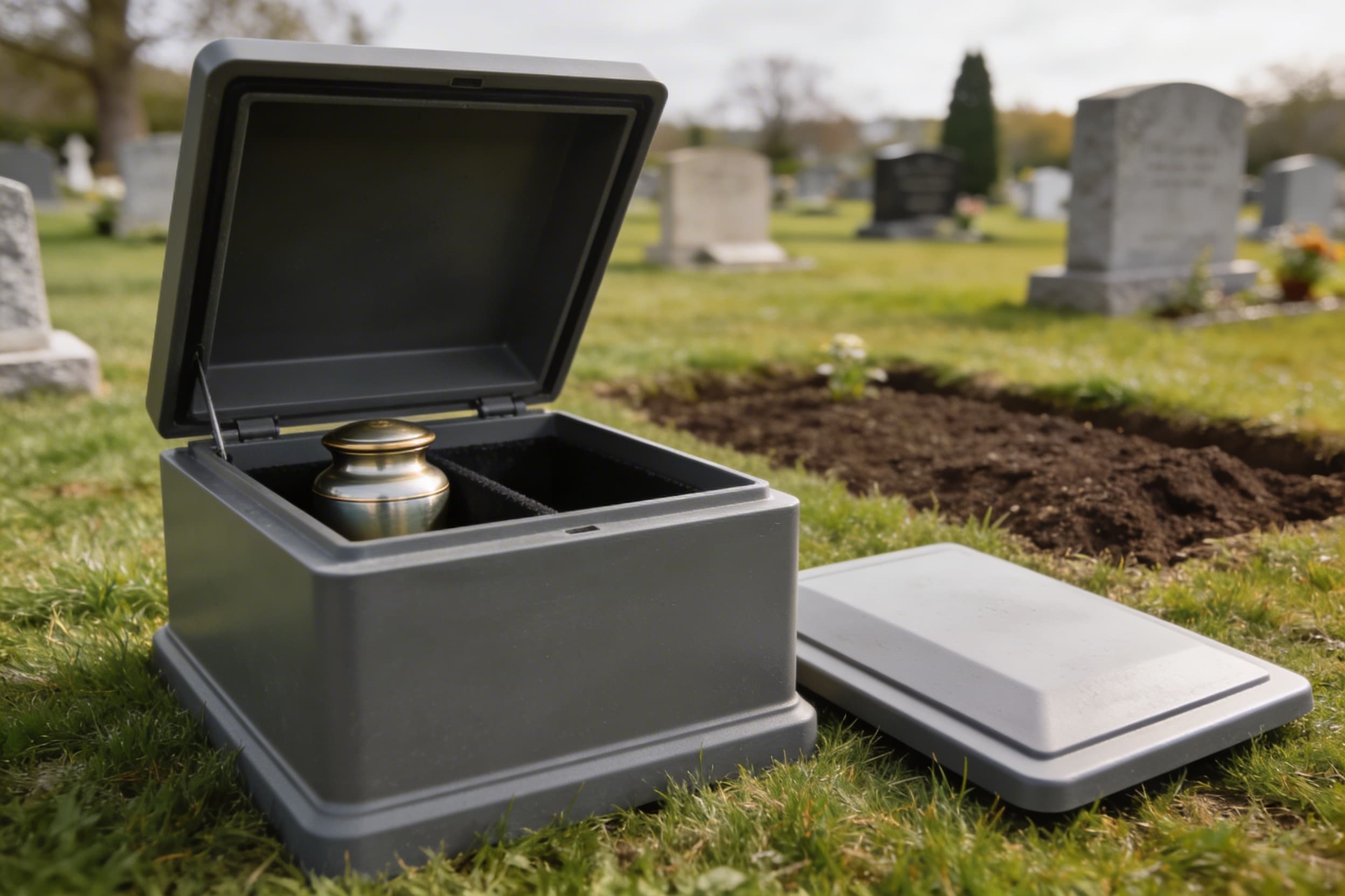 An open urn vault made of durable polymer material sitting beside a neatly prepared cemetery plot