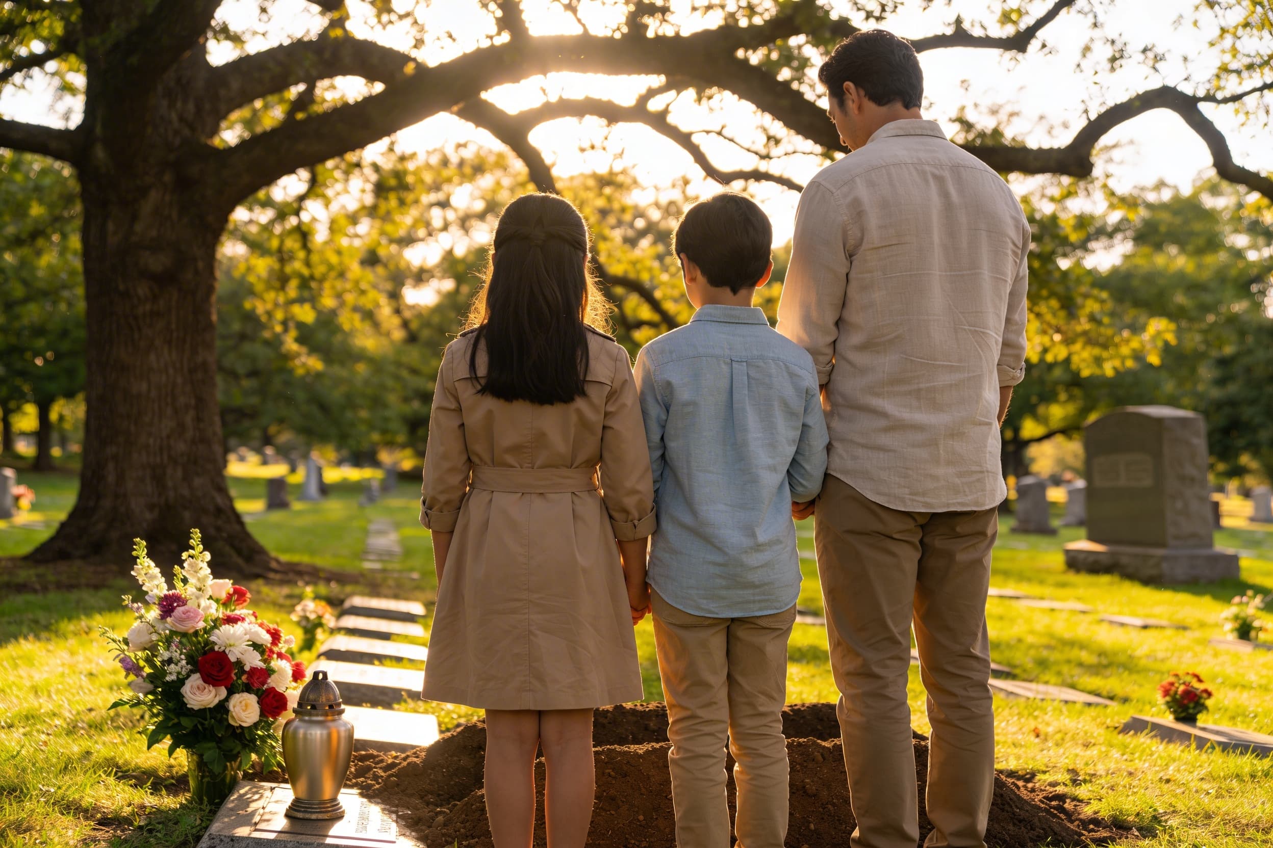 A family standing at a cemetery graveside during a calm urn burial ceremony with flowers nearby