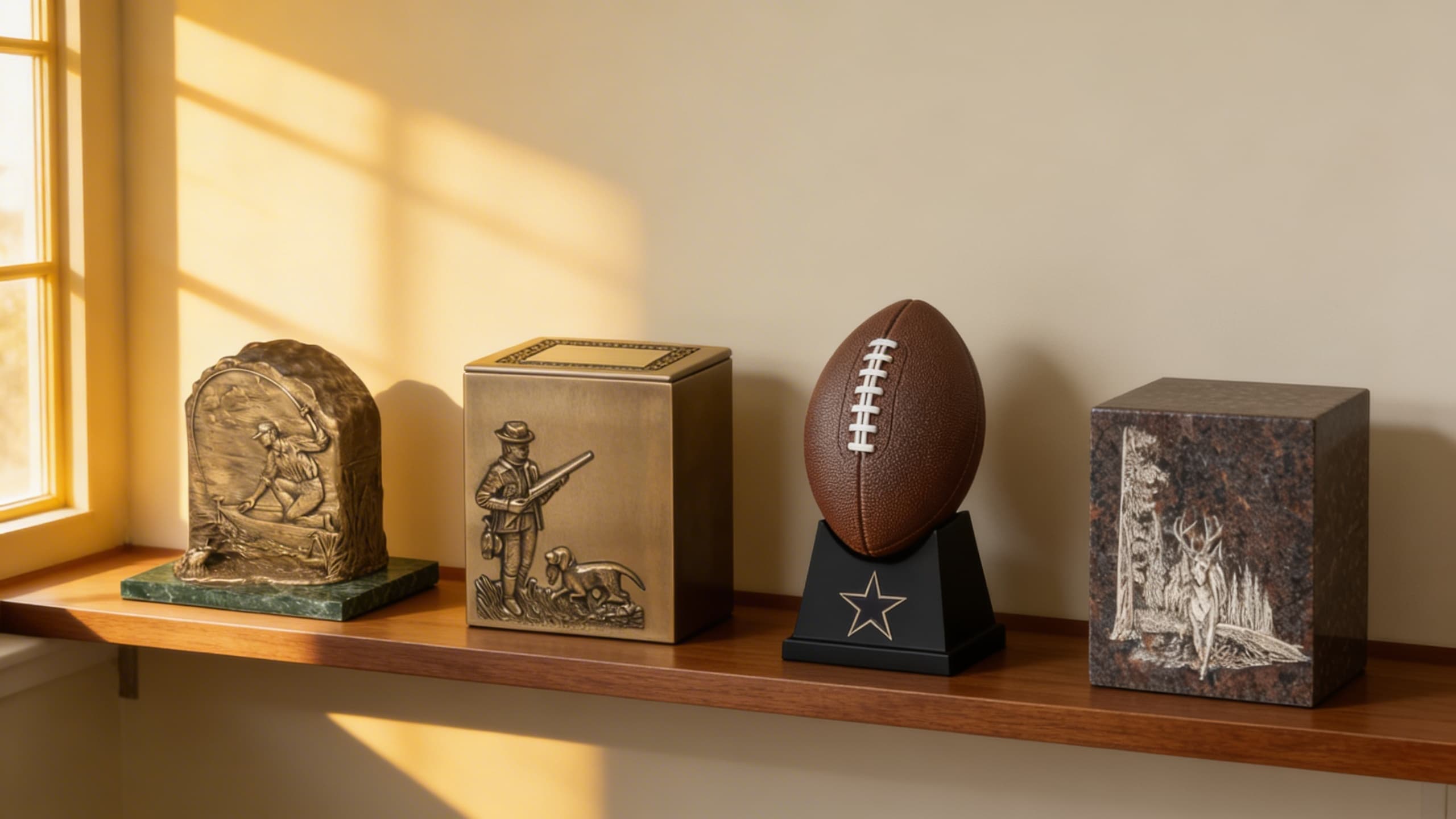 A collection of themed cremation urns including fishing, hunting, sports, and nature designs displayed on a shelf in warm natural light
