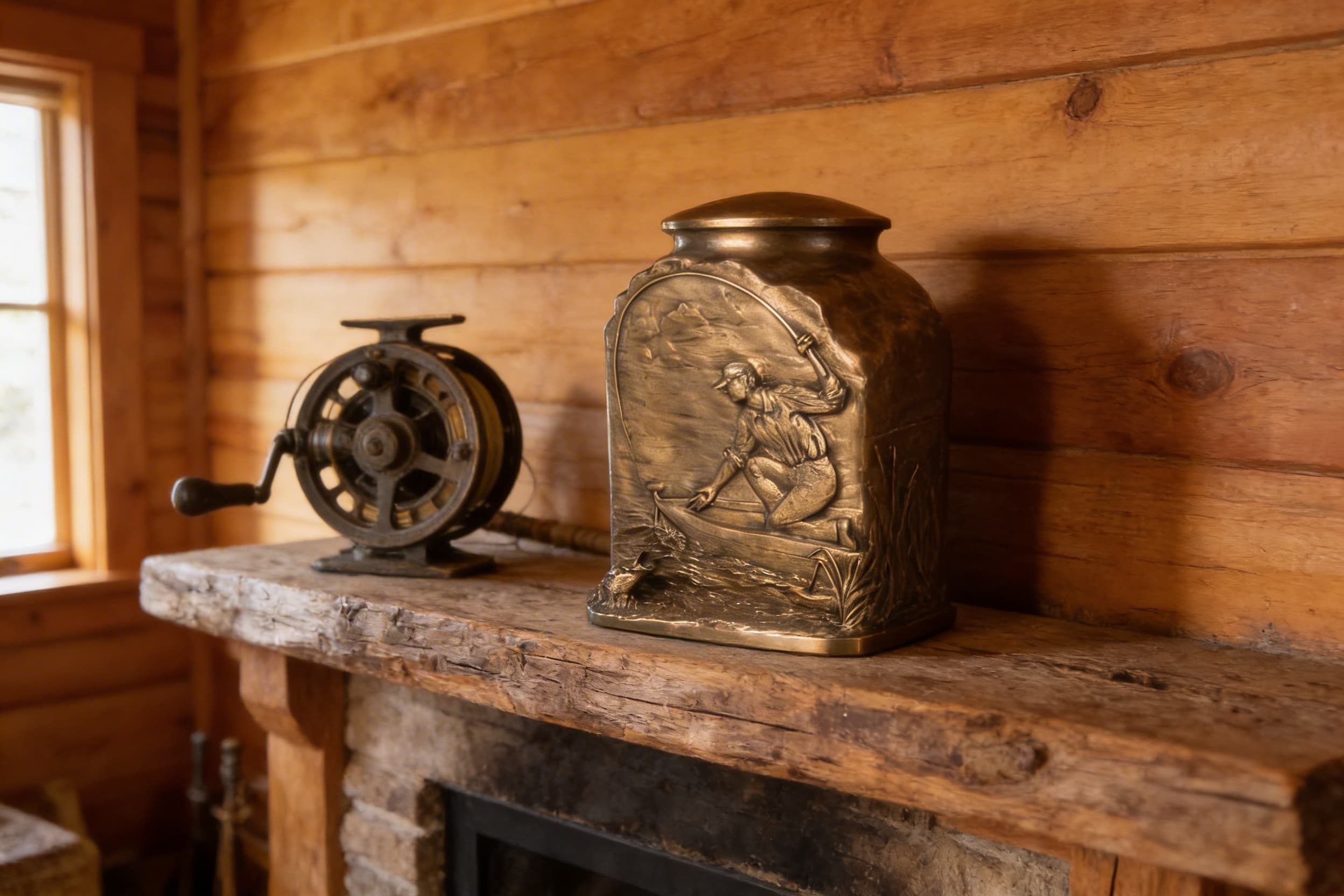 A hand-carved wooden fishing cremation urn with a bass scene displayed on a rustic mantelpiece next to a vintage fishing reel