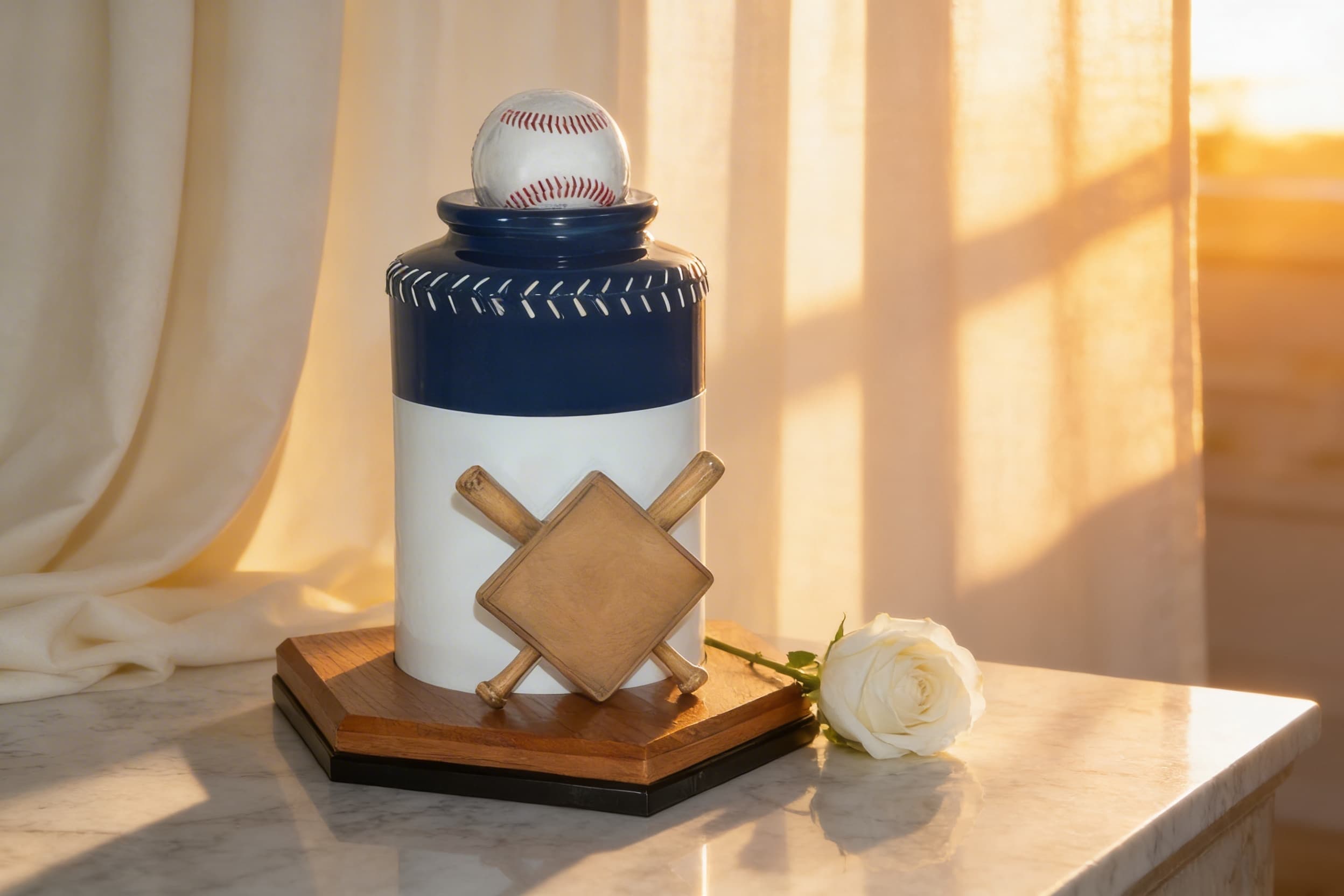 A polished bronze baseball cremation urn displayed on a table with a white rose.
