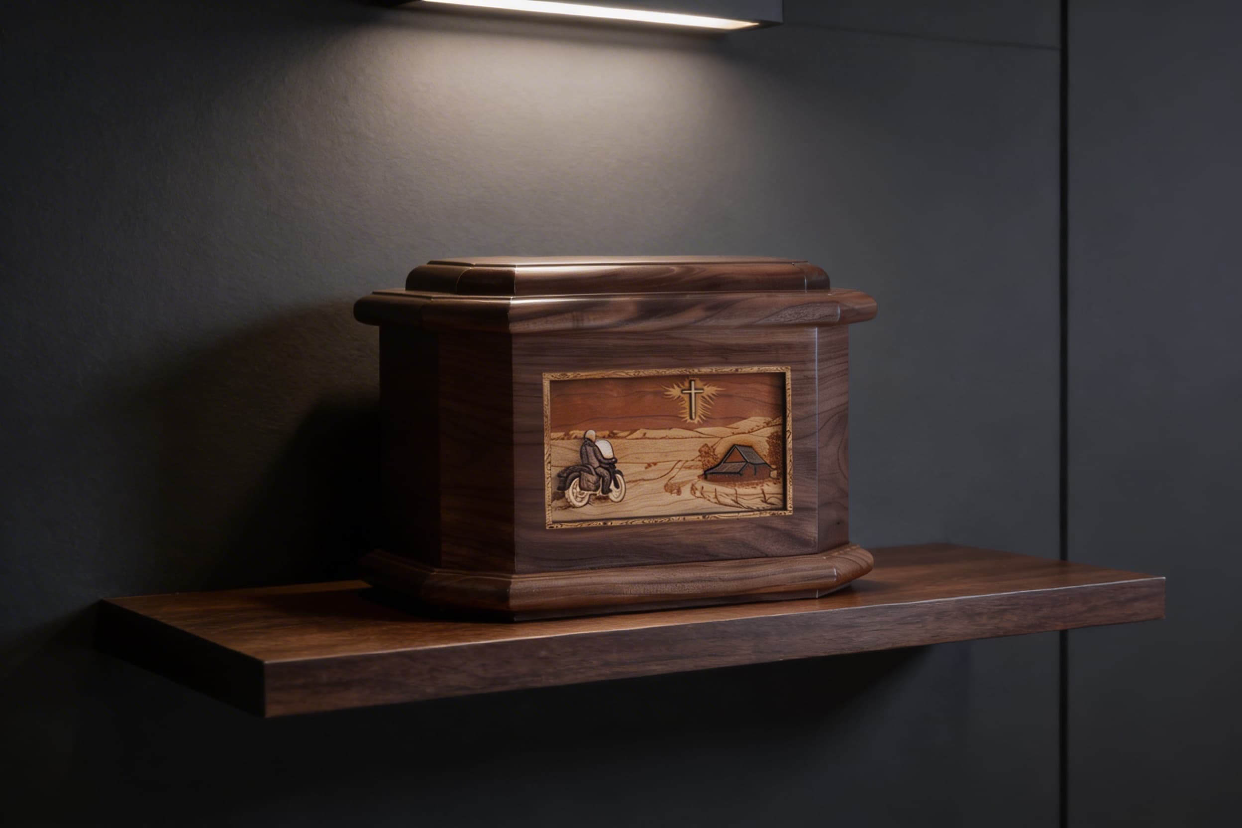 A sleek motorcycle-themed cremation urn displayed on a modern dark shelf
